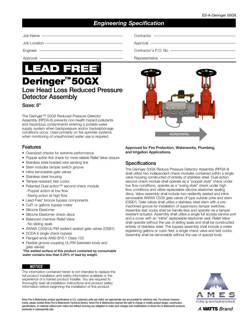 Ames Fire & Waterworks 50GX cut sheet — first page