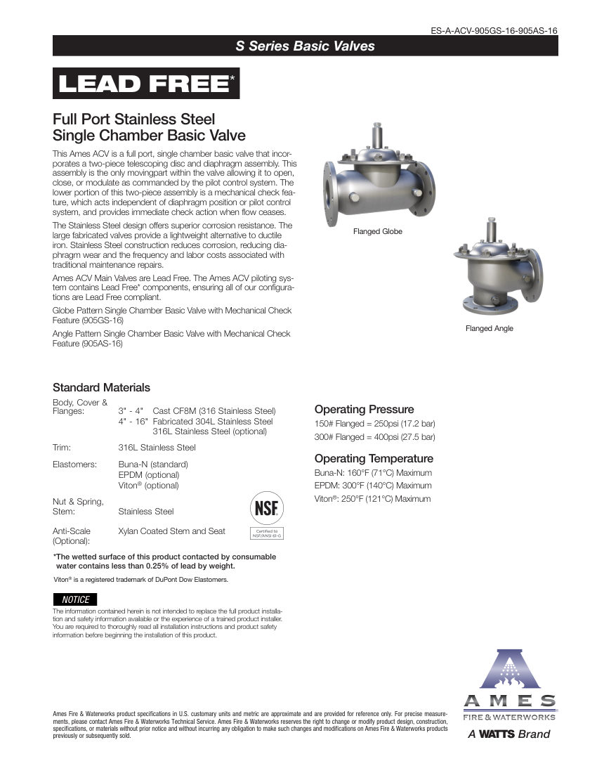 Ames Fire & Waterworks 905GS-16 cut sheet — first page