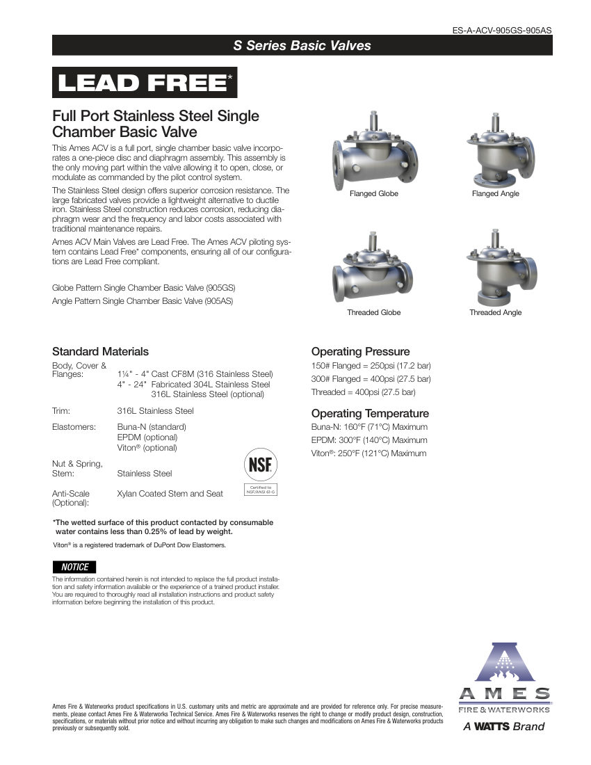 Ames Fire & Waterworks 905GS cut sheet — first page