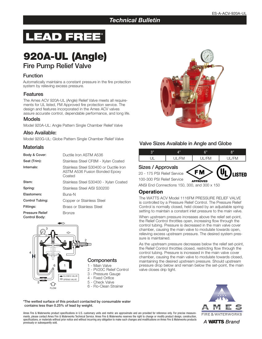 Ames Fire & Waterworks 920A-UL cut sheet — first page
