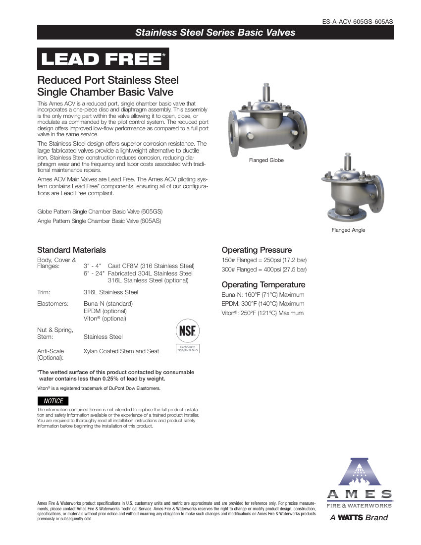 Ames Fire & Waterworks ACV 605GS cut sheet — first page