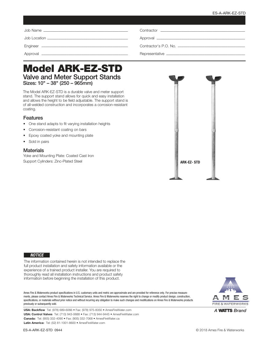 Ames Fire & Waterworks Ames Fire & Waterworks ARK-EZ-STD cut sheet — first page