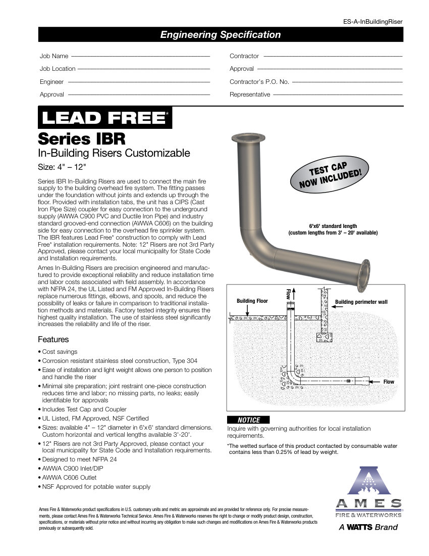 Ames Fire & Waterworks Ames Fire & Waterworks In-Building Riser IBR cut sheet — first page