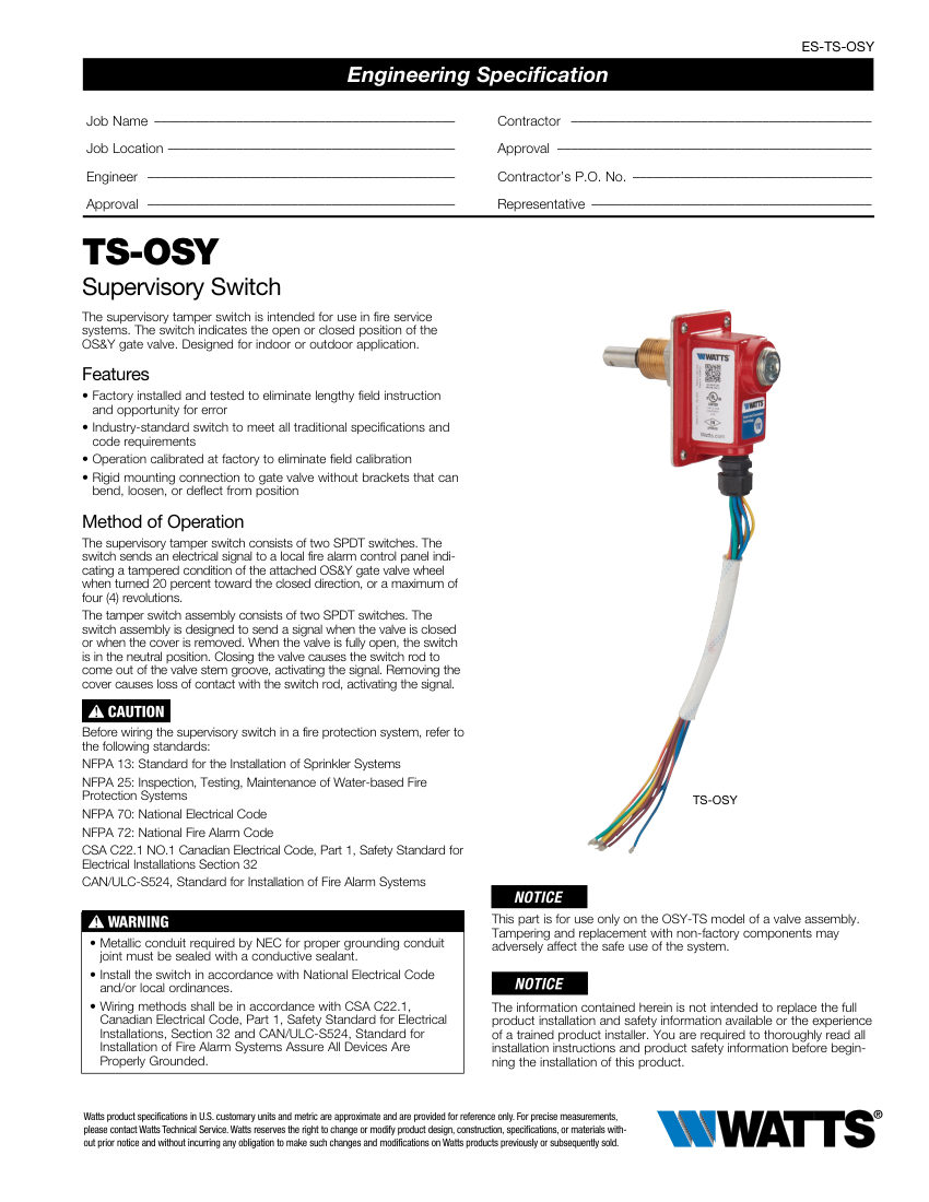 Ames Fire & Waterworks Ames Fire & Waterworks TS-OSY Tamper Switch cut sheet — first page