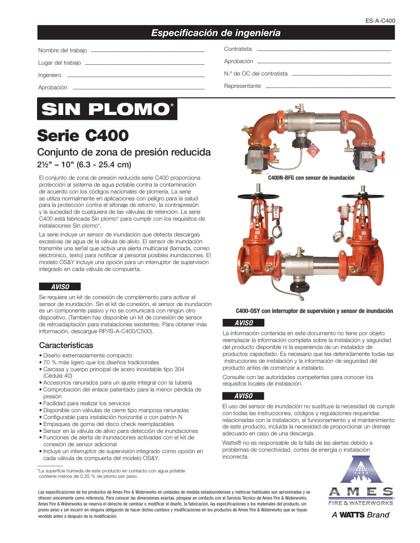 Ames Fire & Waterworks C400 cut sheet — first page