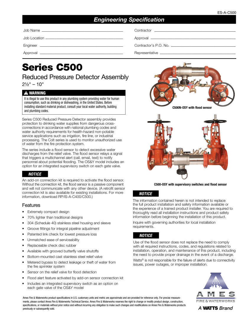 Ames Fire & Waterworks C500 cut sheet — first page