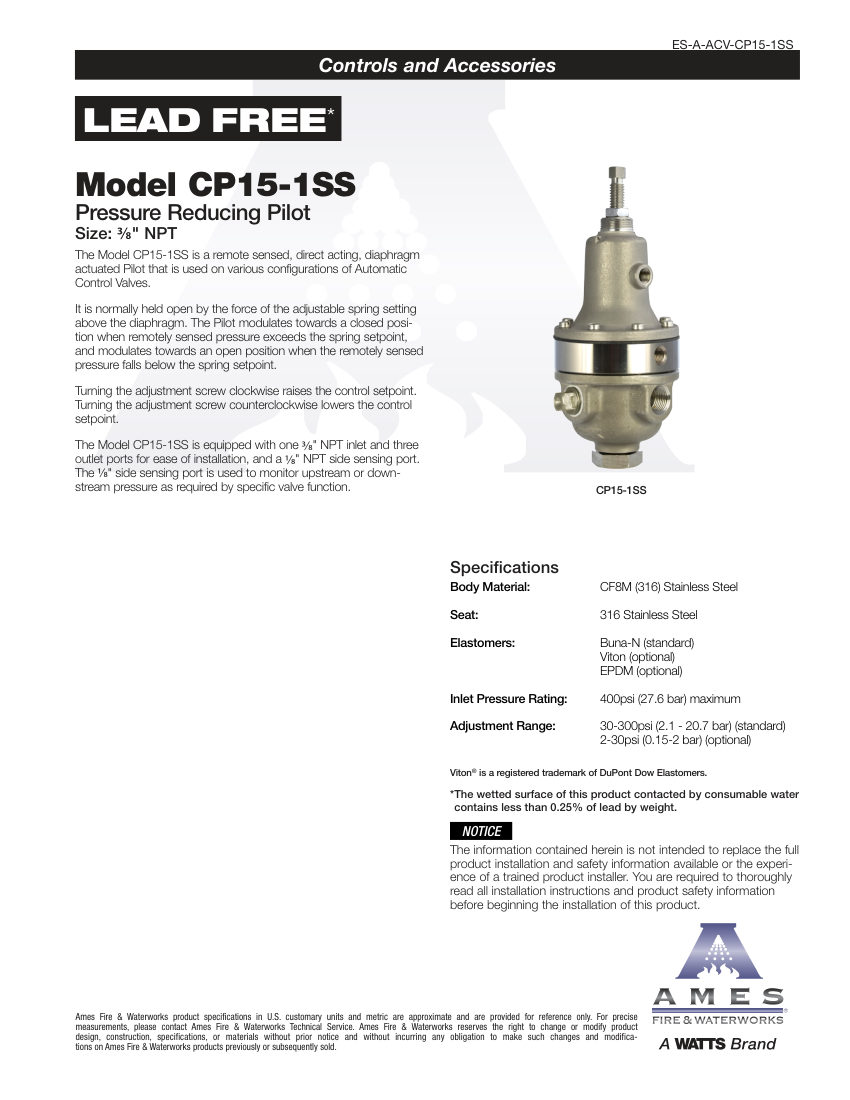 Ames Fire & Waterworks CP15-1SS cut sheet — first page