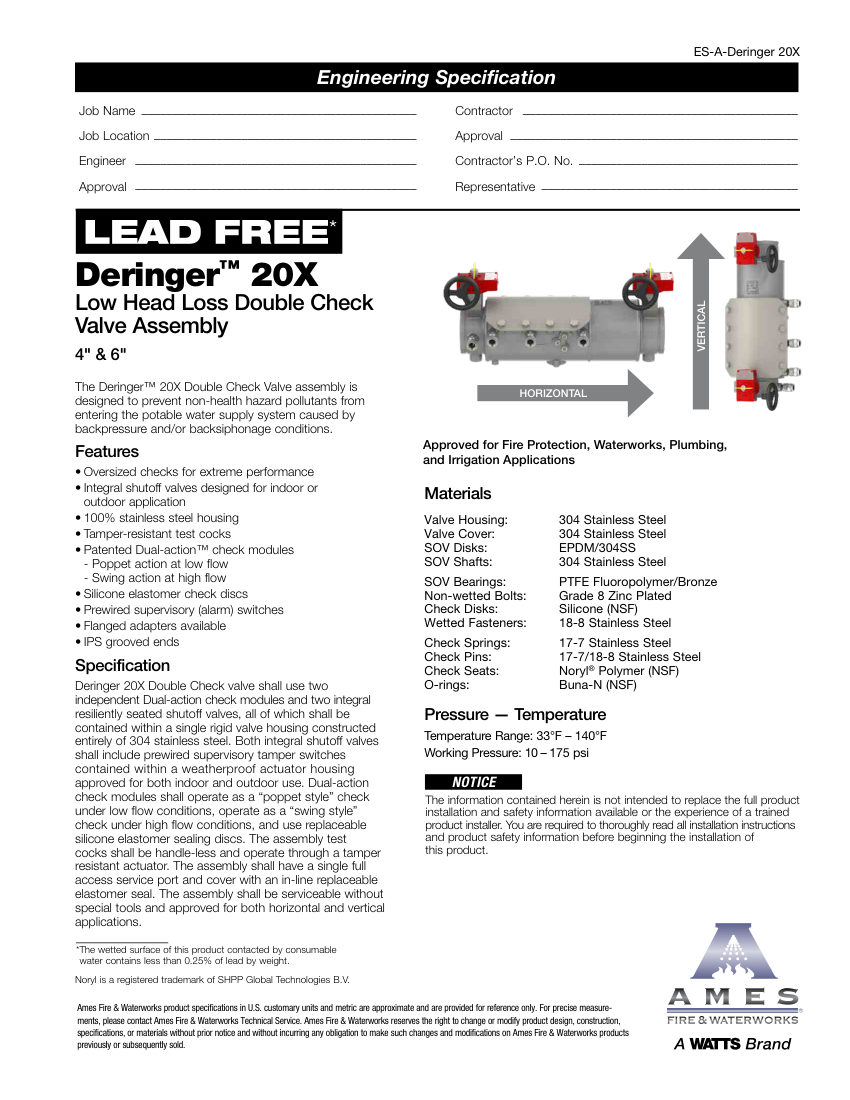 Ames Fire & Waterworks Deringer 20X cut sheet — first page