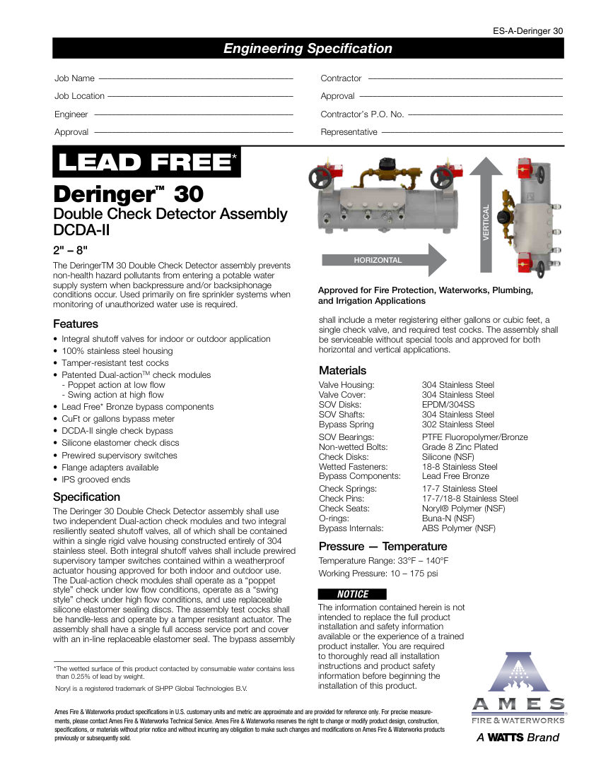 Ames Fire & Waterworks Deringer 30 cut sheet — first page