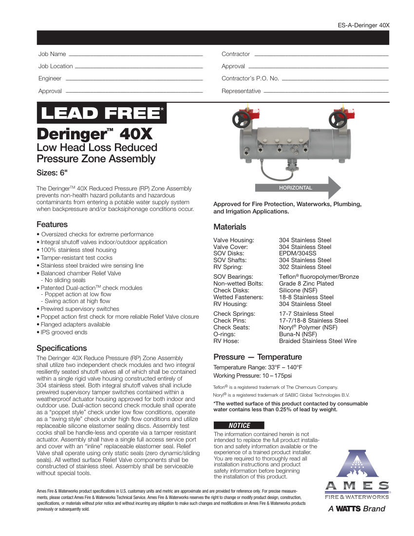 Ames Fire & Waterworks Deringer 40X cut sheet — first page