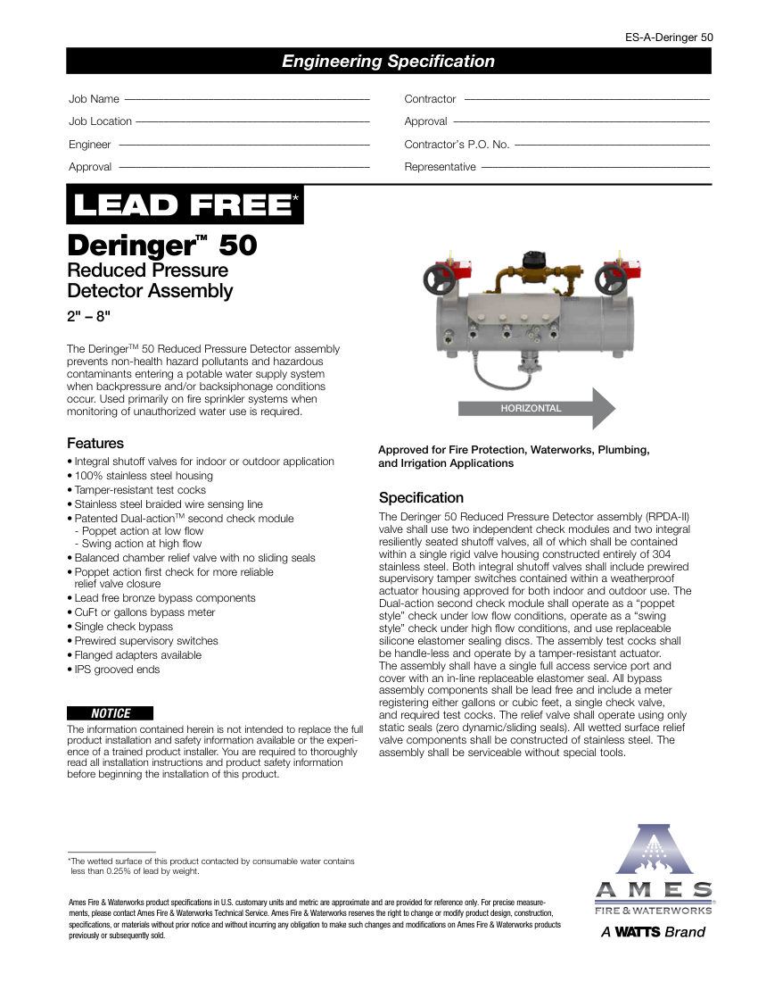 Ames Fire & Waterworks Deringer 50 cut sheet — first page