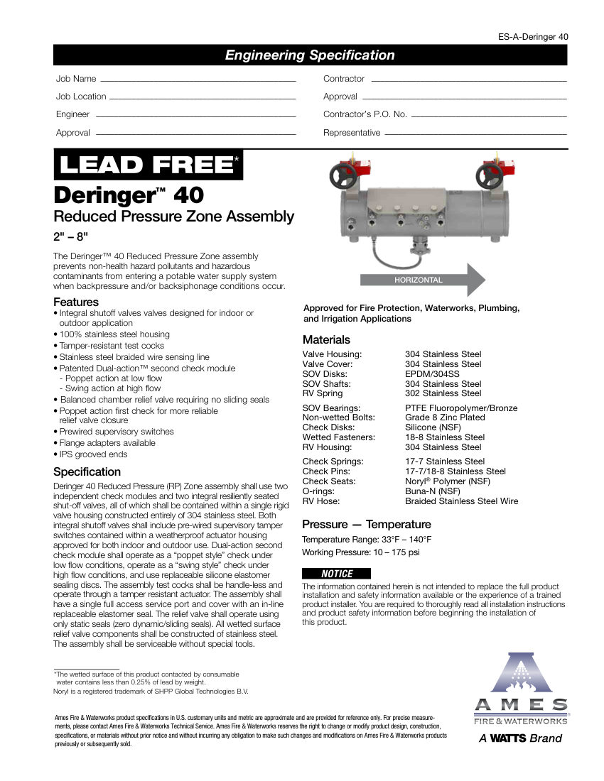 Ames Fire & Waterworks Deringer40 cut sheet — first page