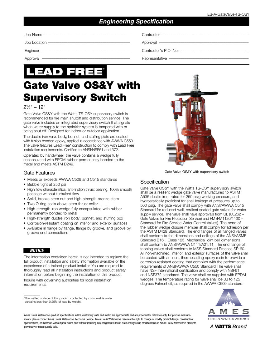 Ames Fire & Waterworks ES-A-GateValve-TS-OSY-2 1/2 cut sheet — first page