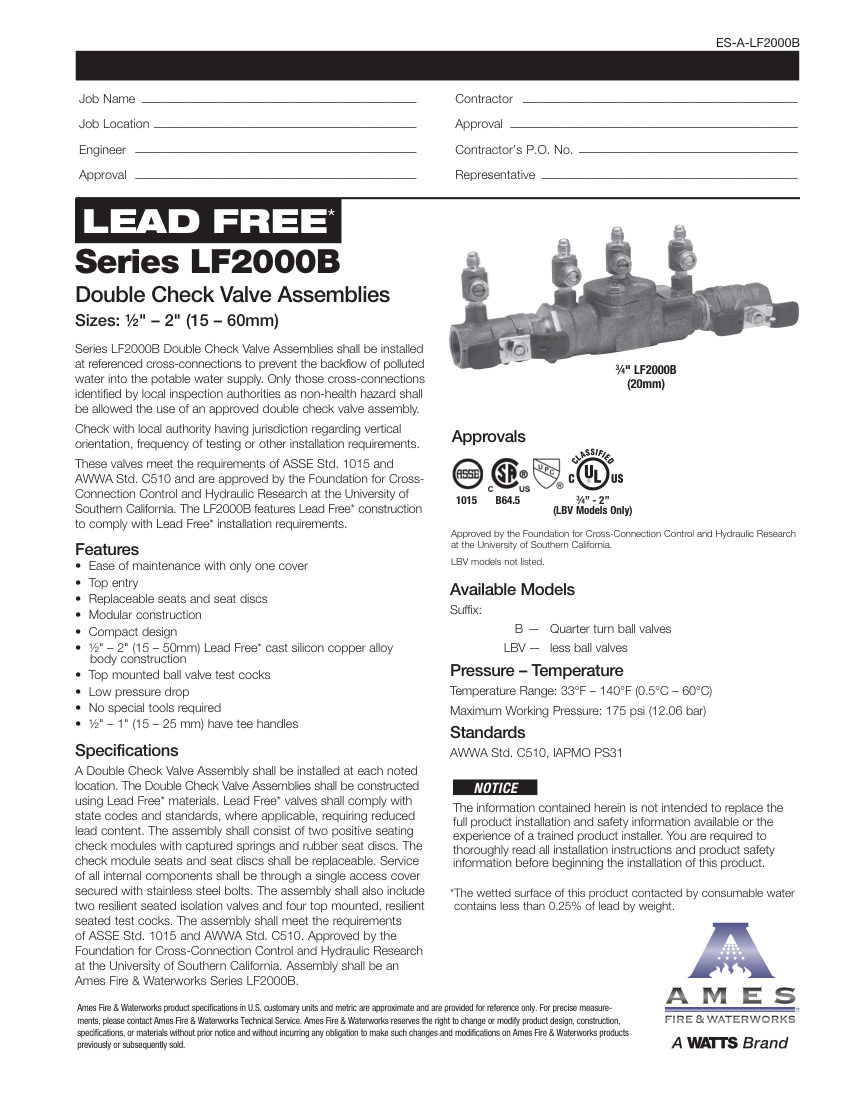 Ames Fire & Waterworks LF2000B cut sheet — first page