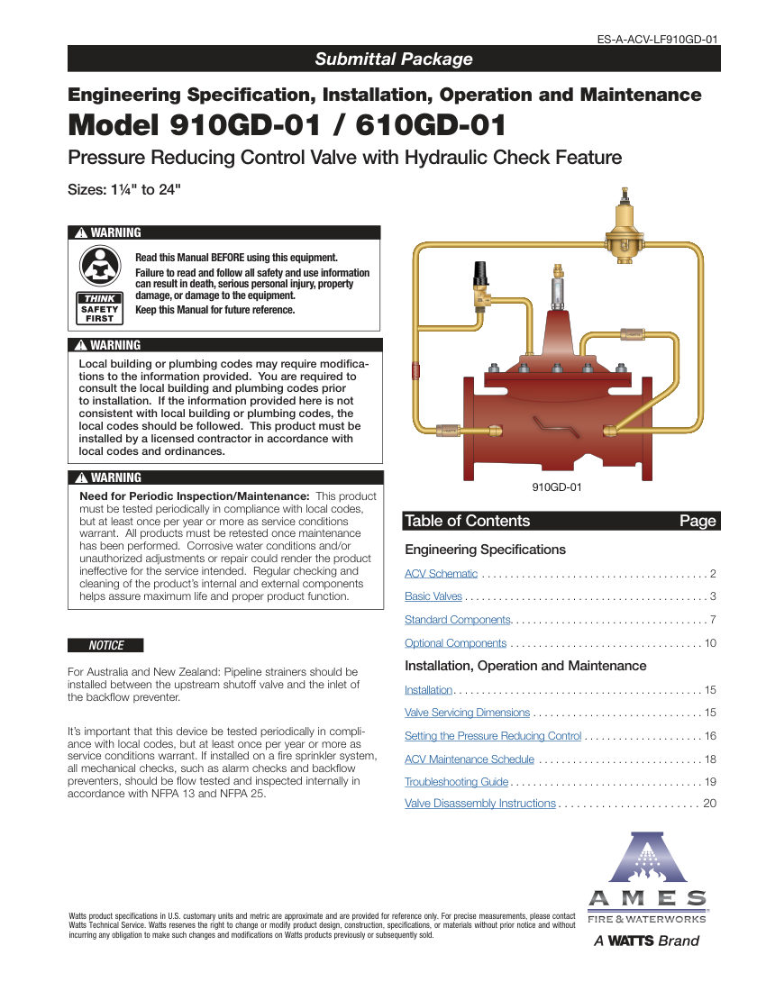Ames Fire & Waterworks LF910GD-01 cut sheet — first page