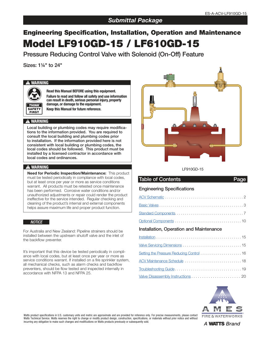 Ames Fire & Waterworks LF910GD-15 cut sheet — first page