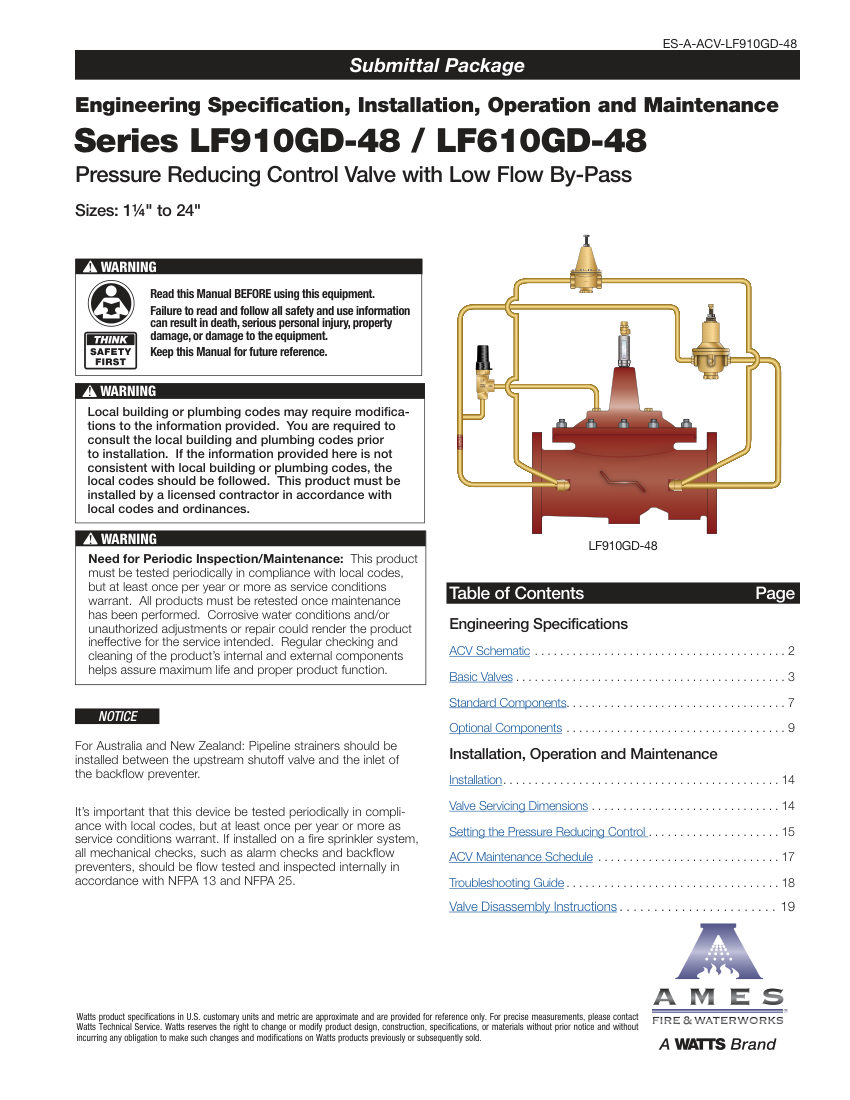 Ames Fire & Waterworks LF910GD-48 cut sheet — first page