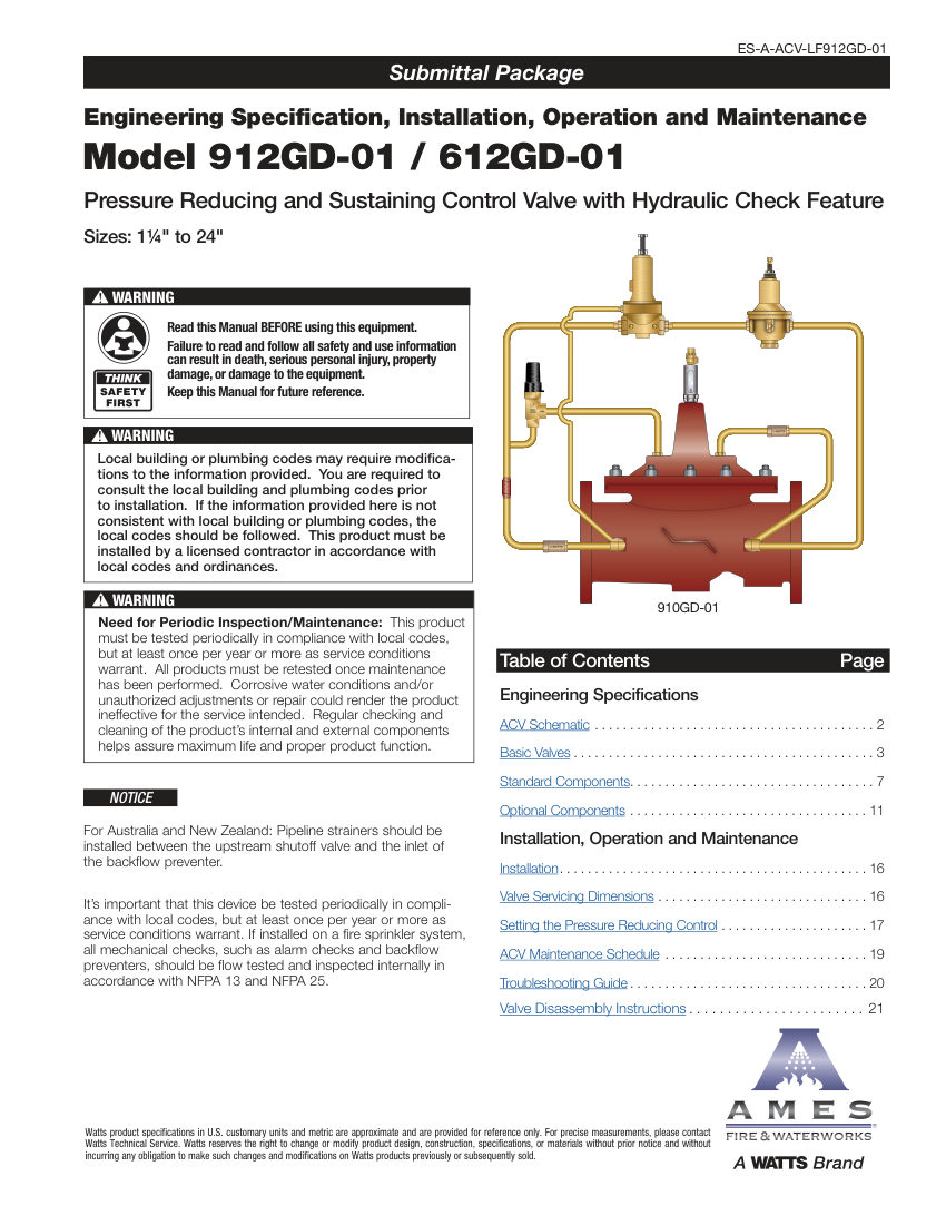 Ames Fire & Waterworks LF912GD-01 cut sheet — first page