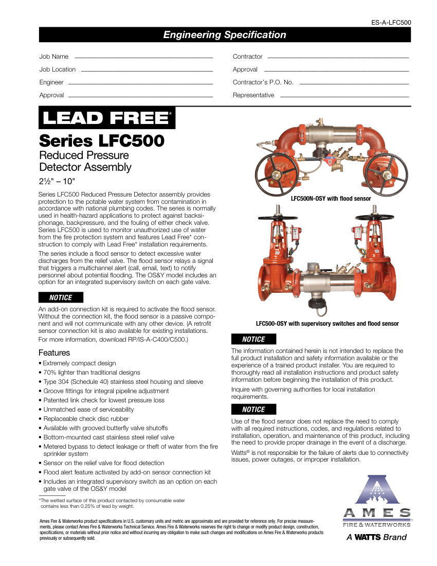 Ames Fire & Waterworks LFC500 cut sheet — first page