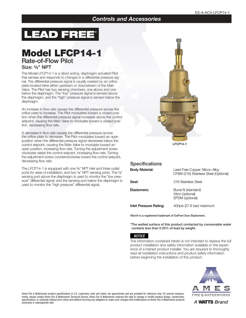 Ames Fire & Waterworks LFCP14-1 cut sheet — first page