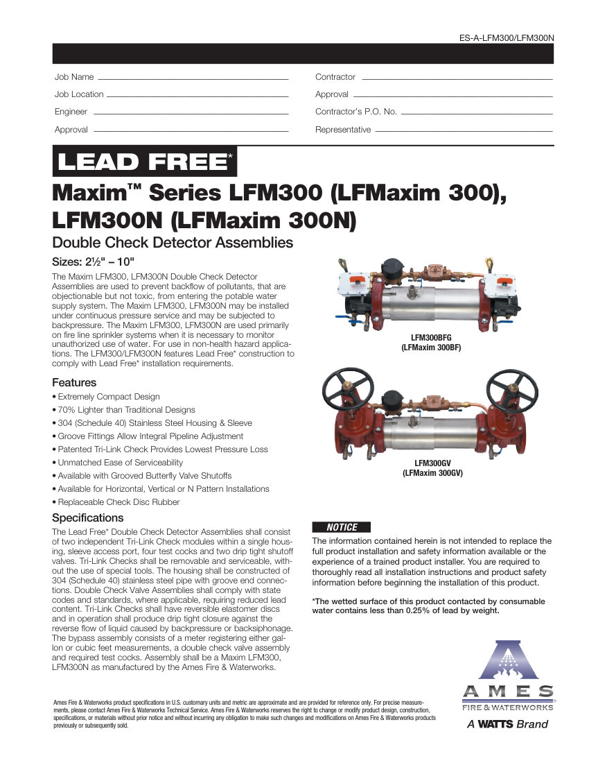Ames Fire & Waterworks LFM300BFG cut sheet — first page