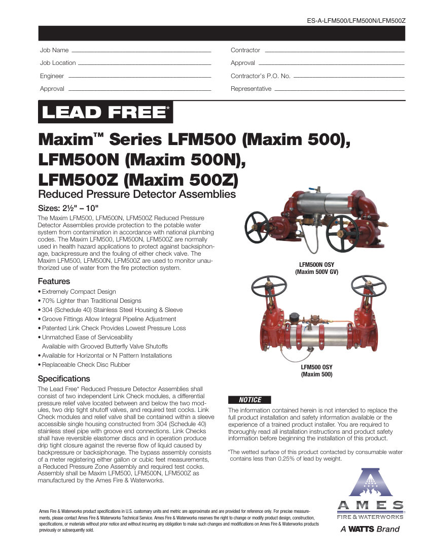 Ames Fire & Waterworks LFM500 cut sheet — first page