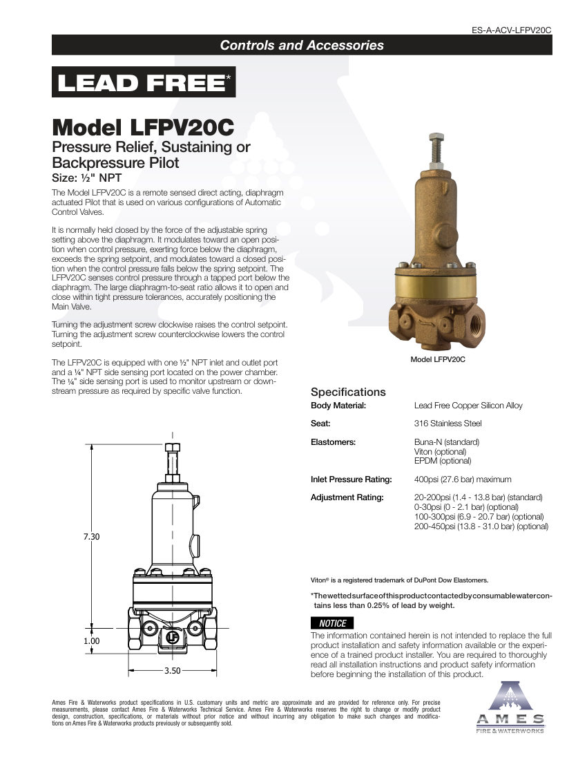 Ames Fire & Waterworks LFPV20C cut sheet — first page