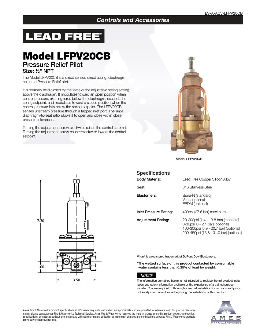 Ames Fire & Waterworks LFPV20CB cut sheet — first page