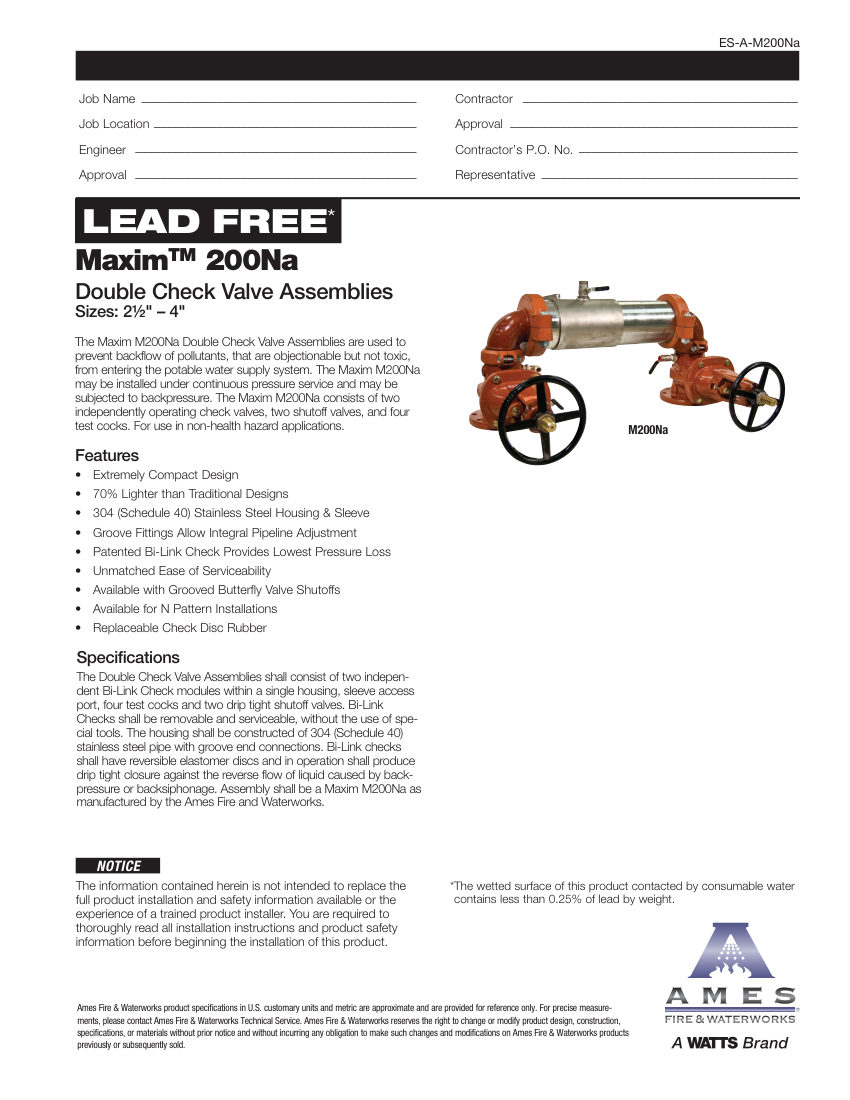 Ames Fire & Waterworks M200Na cut sheet — first page