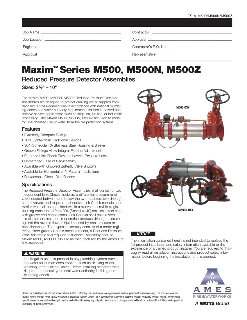 Ames Fire & Waterworks M500 OSY cut sheet — first page