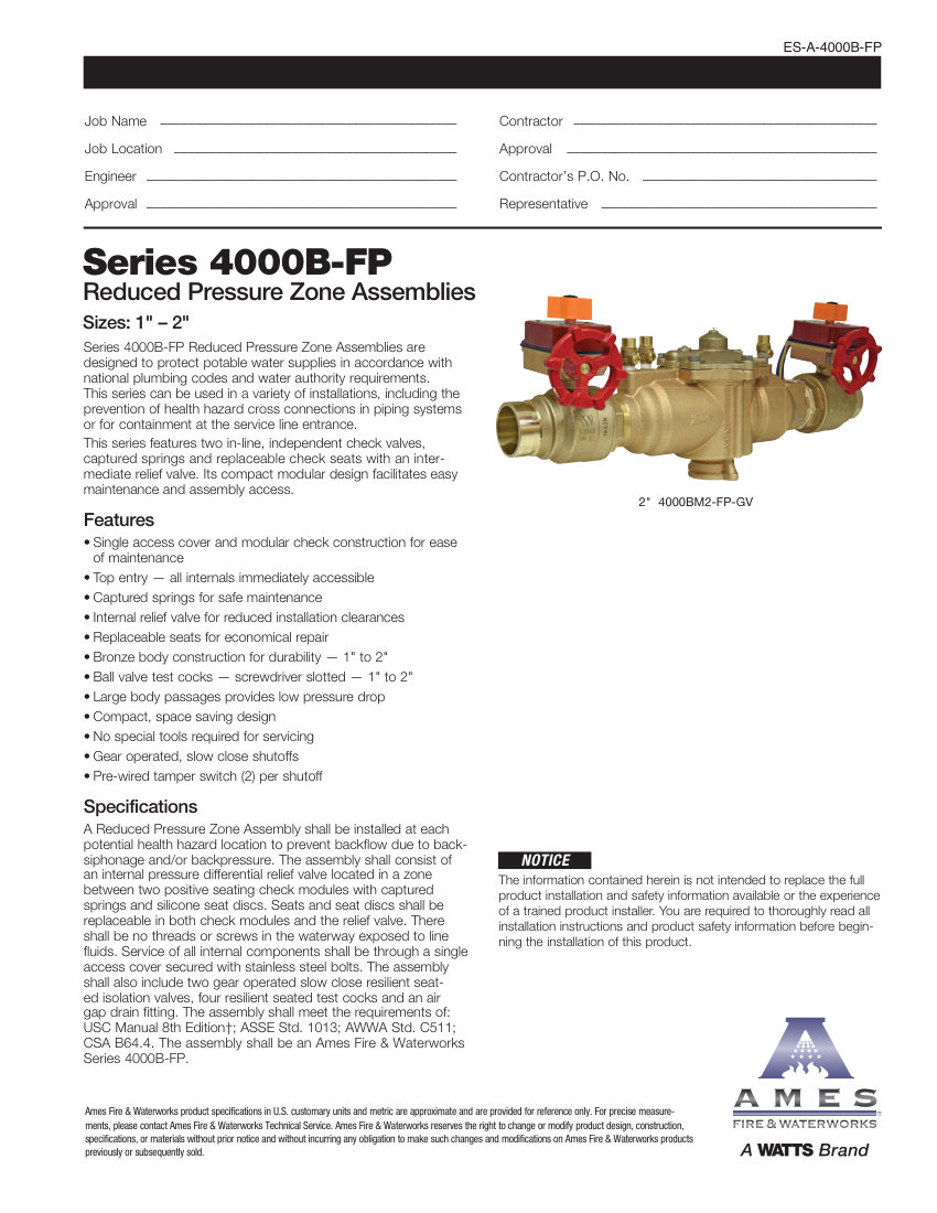 Ames Fire & Waterworks cut sheet — first page