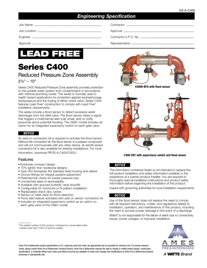 Ames Fire & Waterworks cut sheet — first page