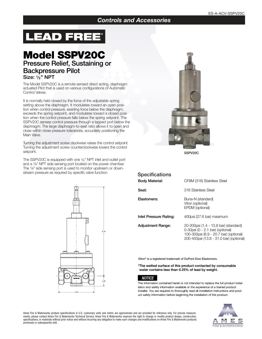 Ames Fire & Waterworks SSPV20C cut sheet — first page