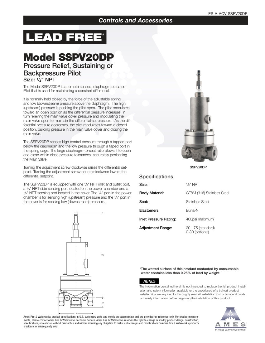 Ames Fire & Waterworks SSPV20DP cut sheet — first page