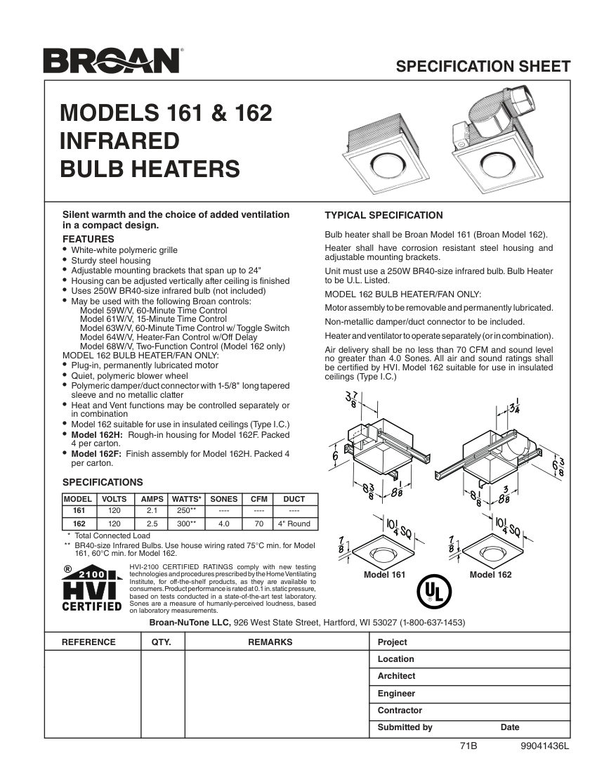 Broan 161 cut sheet — first page