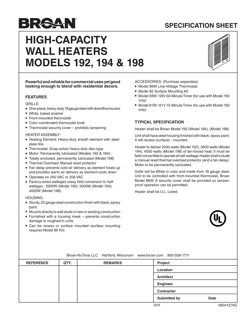 Broan 192 cut sheet — first page