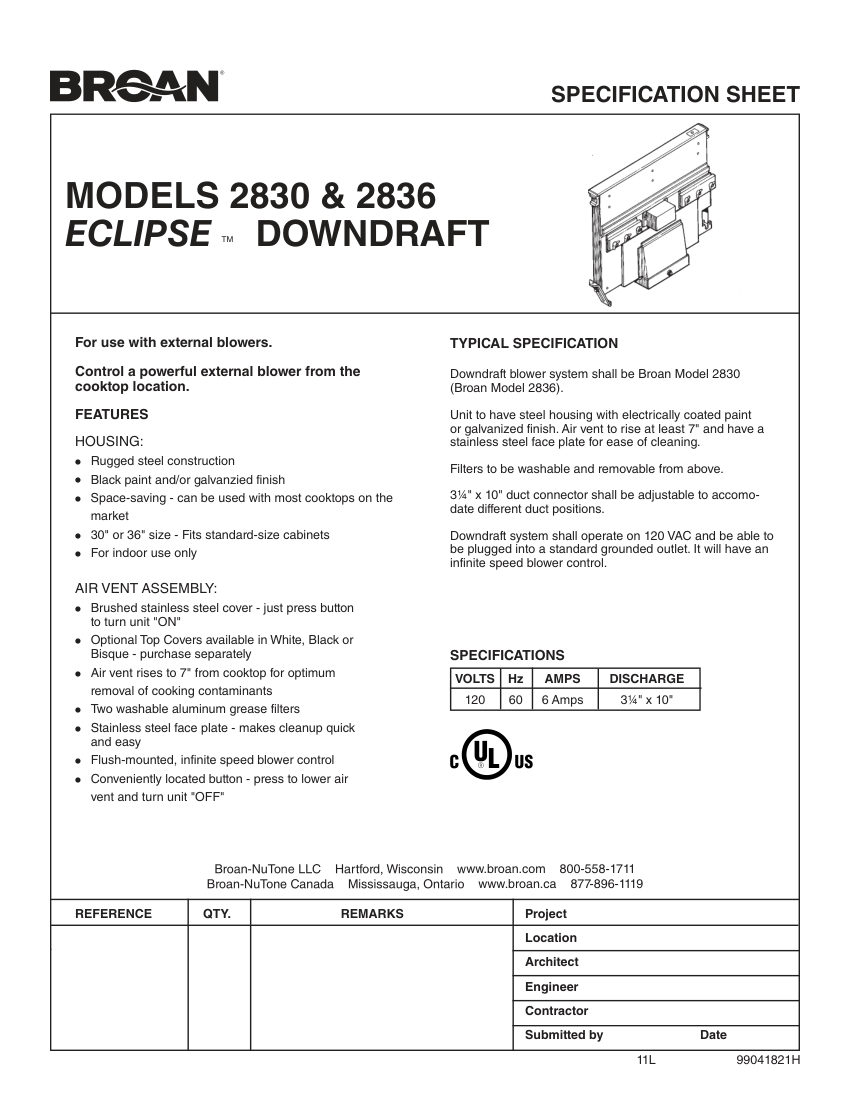 Broan 283603 cut sheet — first page