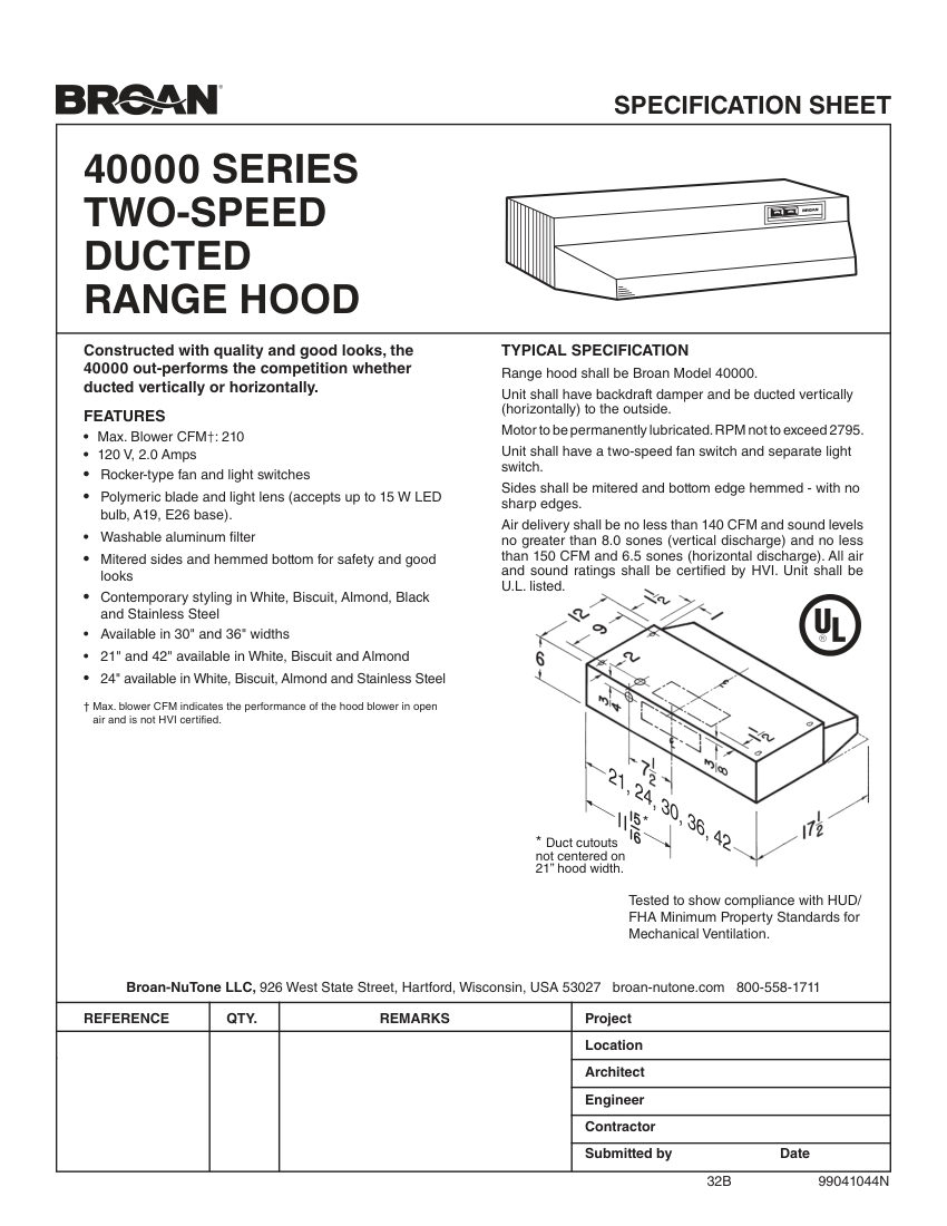 Broan 402101 cut sheet — first page