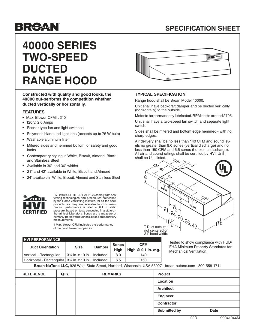 Broan 402404 cut sheet — first page