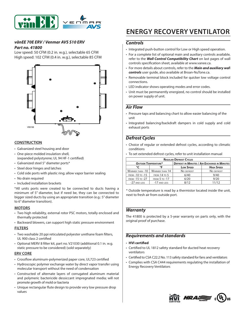 Broan 41800 cut sheet — first page
