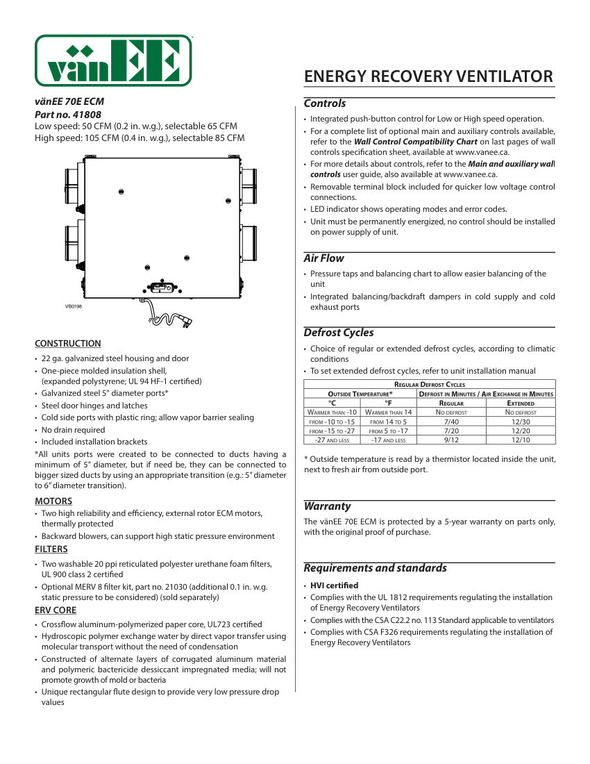 Broan 41808 cut sheet — first page