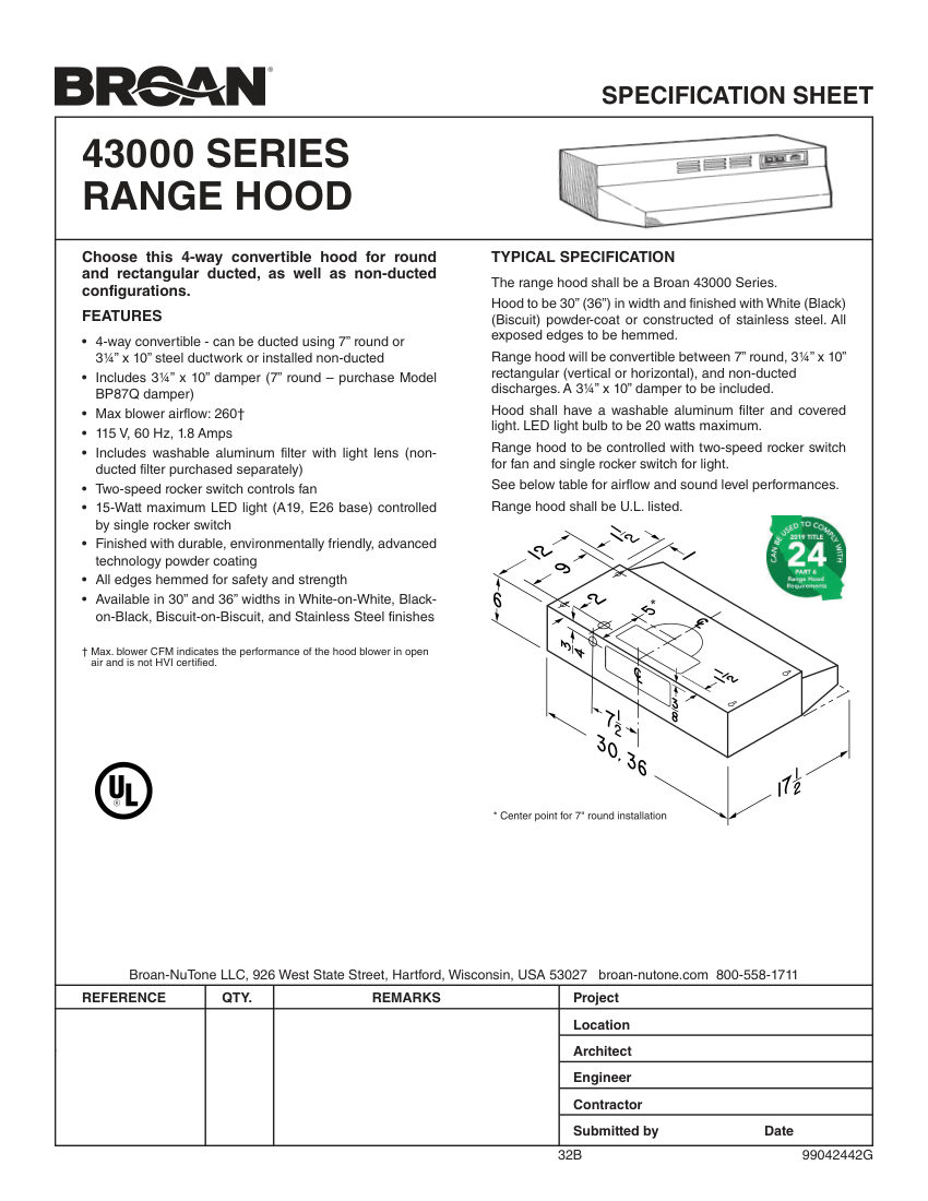 Broan 433611 cut sheet — first page