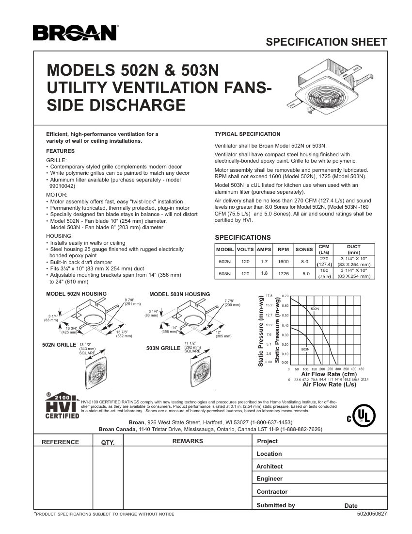 Broan 502N cut sheet — first page