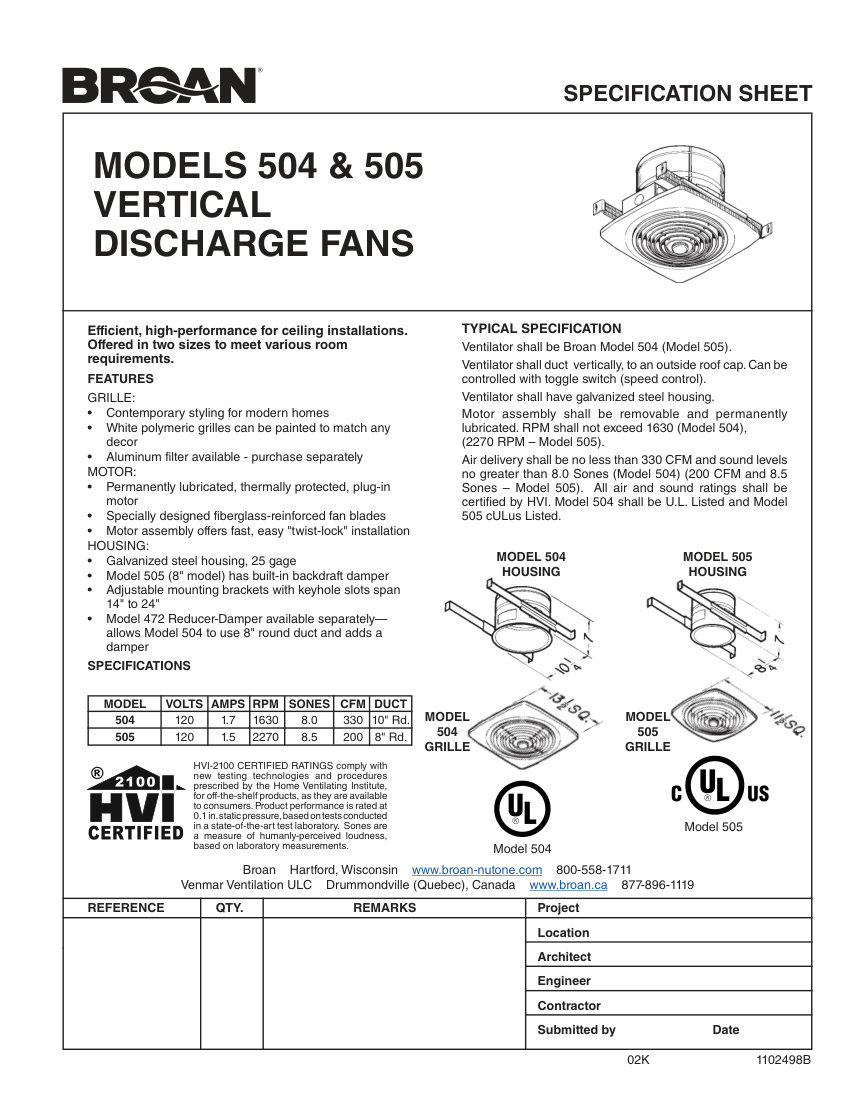 Broan 504 cut sheet — first page