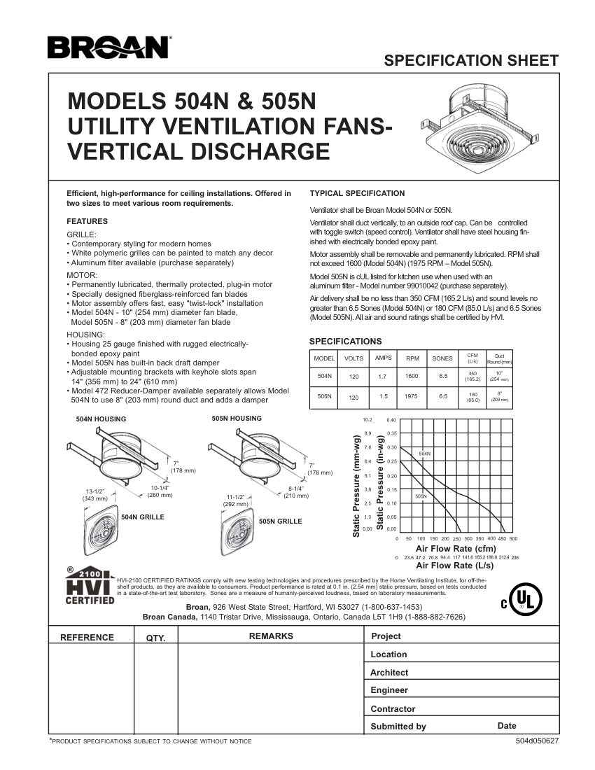 Broan 505N cut sheet — first page