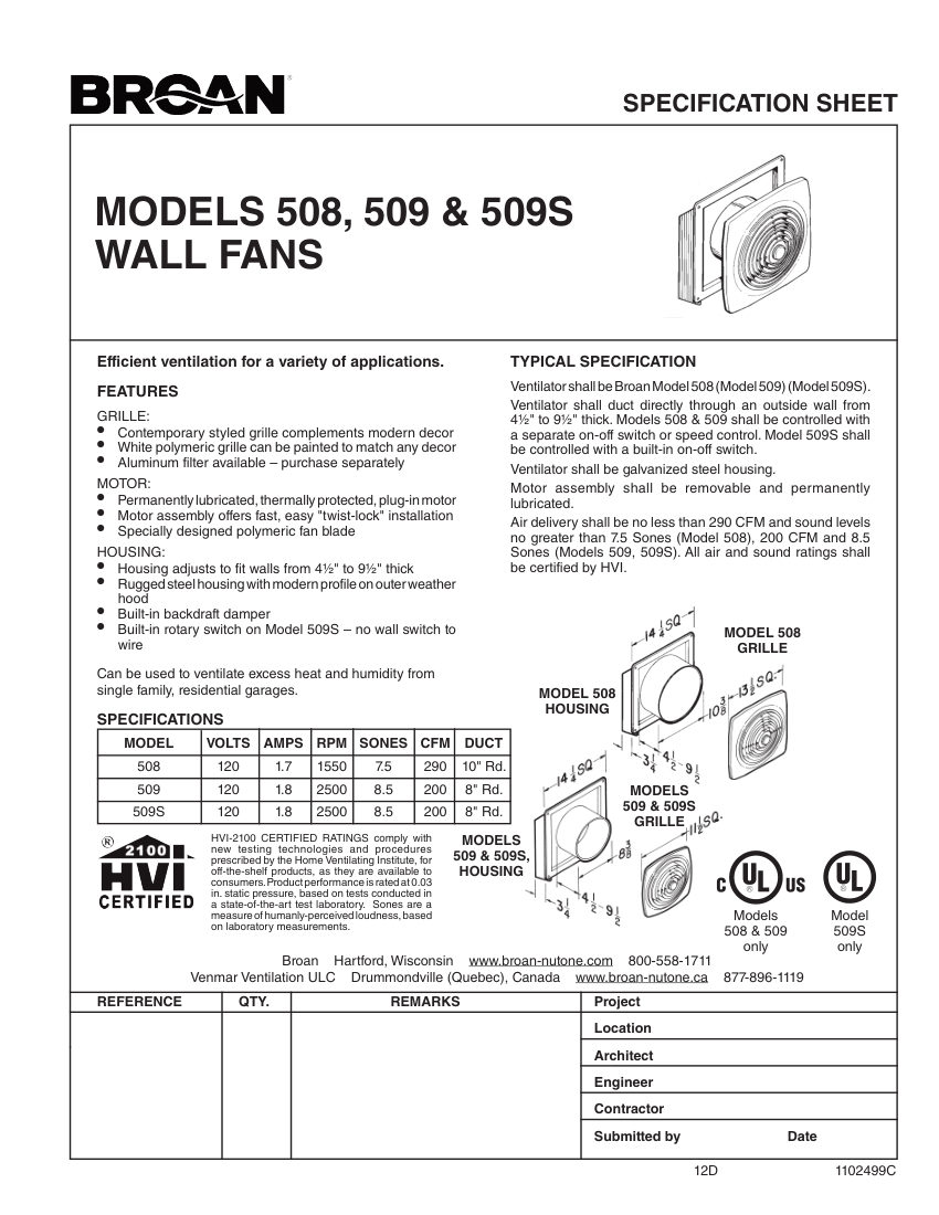 Broan 508 cut sheet — first page