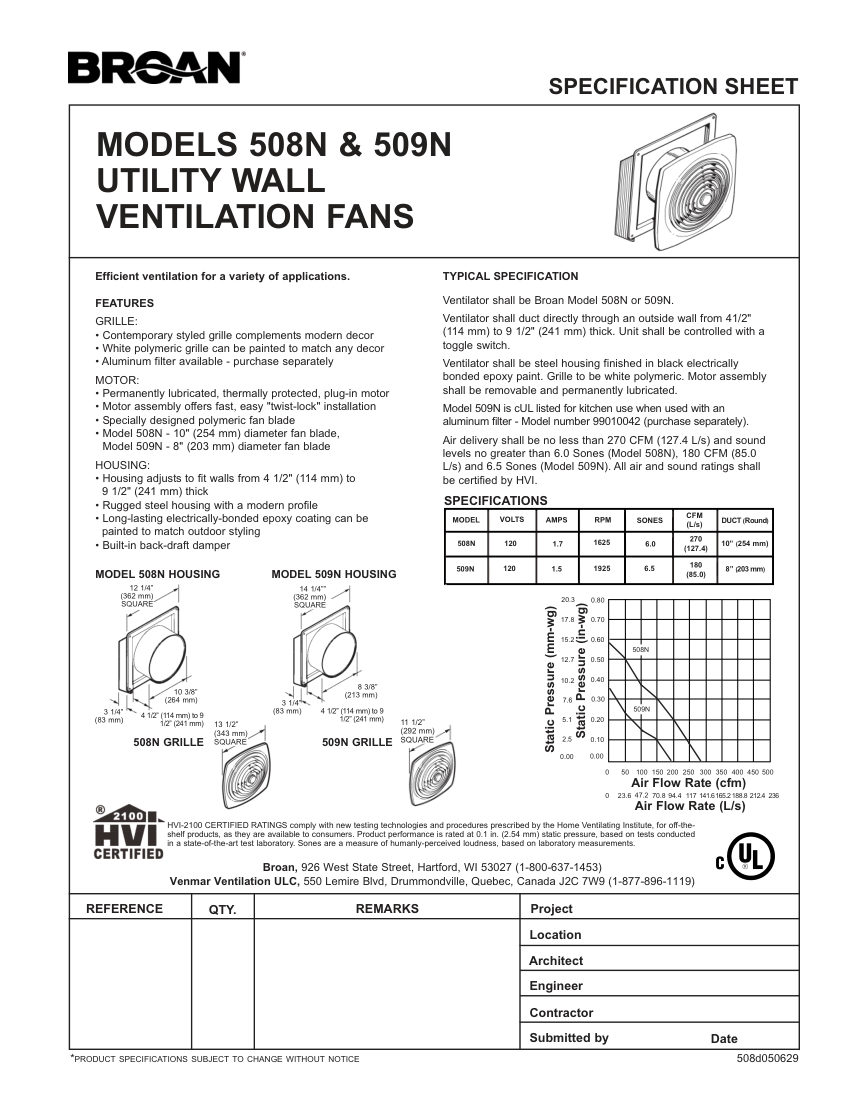 Broan 508N cut sheet — first page