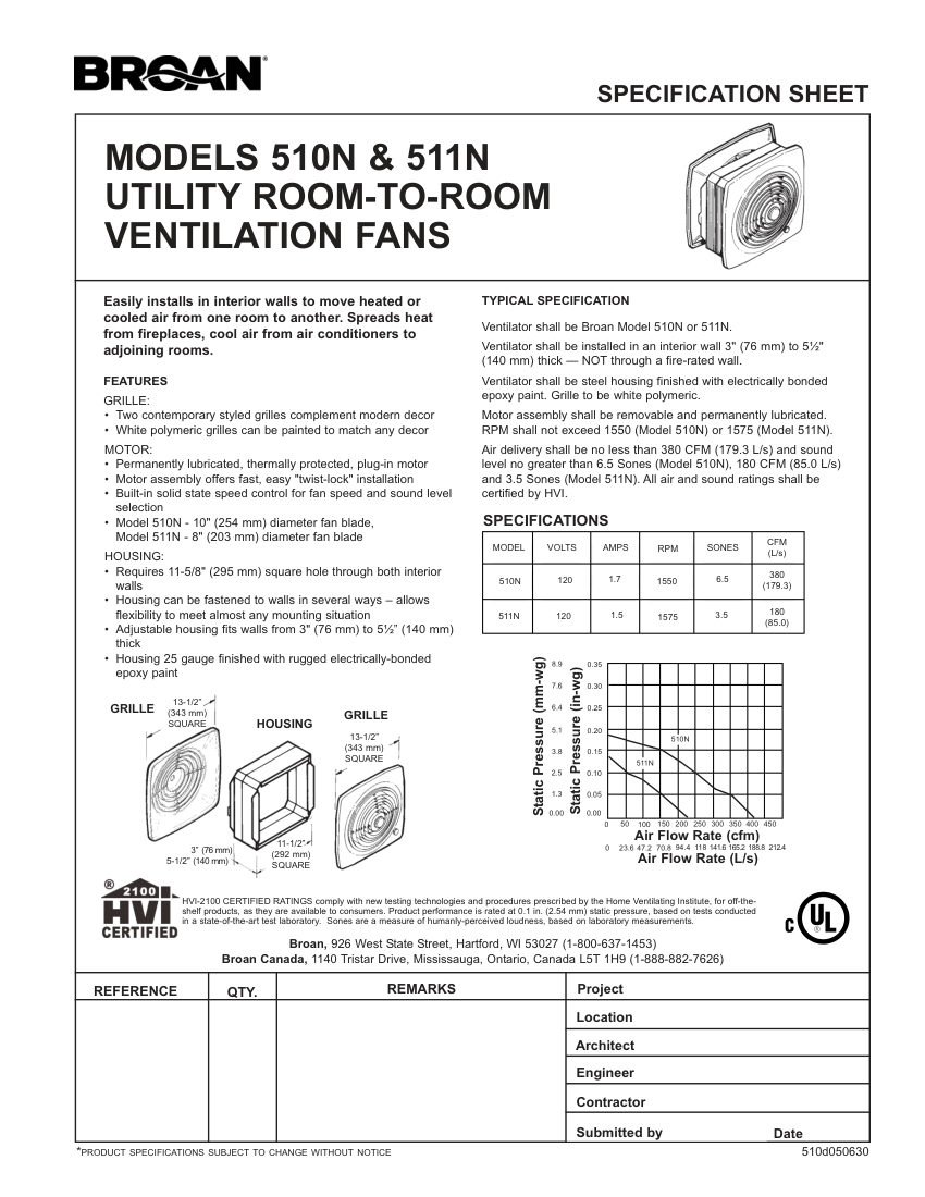 Broan 510N cut sheet — first page