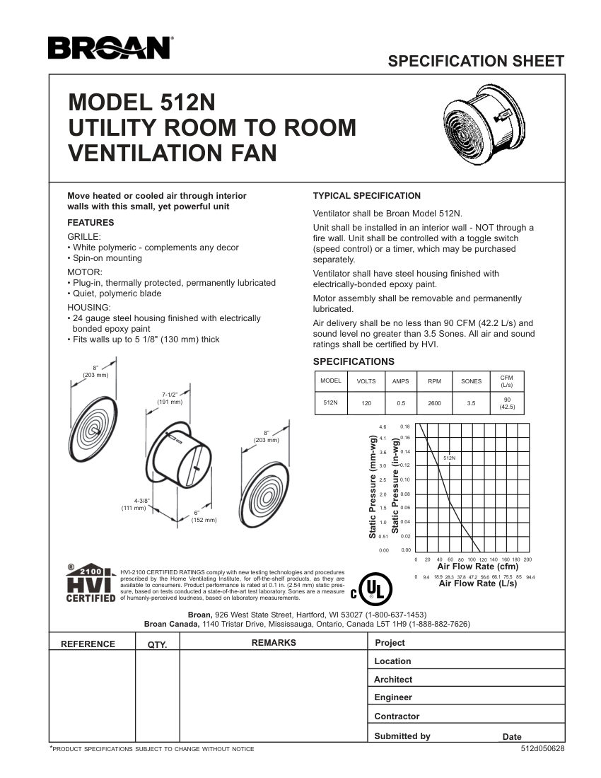 Broan 512N cut sheet — first page