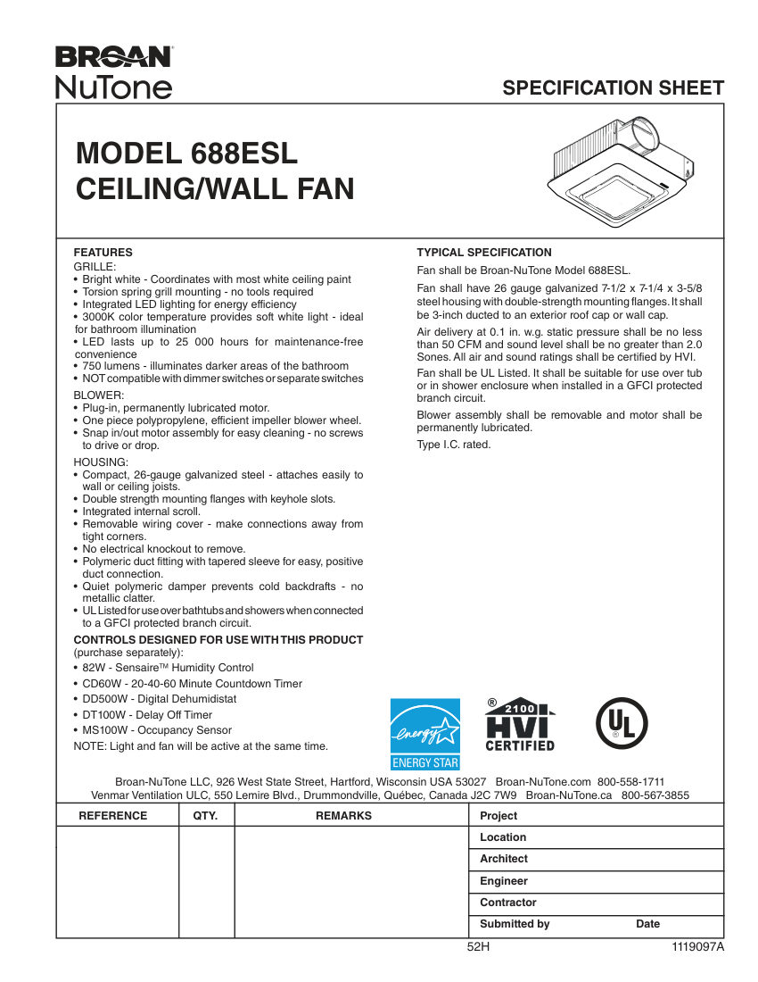 Broan 688ESL cut sheet — first page